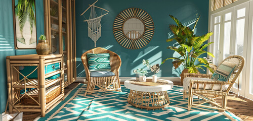 Oceanic turquoise geometric motifs in a study room with rattan furniture.