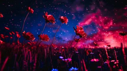 Deurstickers Paysage extraordinaire avec la galaxie dans le ciel et des fleurs rouges en premier plan © Concept Photo Studio