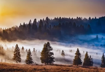 Afwasbaar Fotobehang Mistig bos Sunrise Mist Over the Whispering Pines
