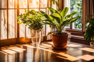 plant in a pot, A charming house plant flower blooms gracefully in a vase, perched atop a window stand, basking in the abundant sunlight flooding the room
