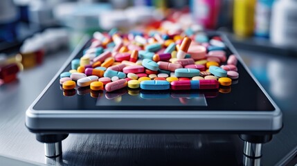 A multitude of multicolored medicinal pills and capsules neatly arranged on a sleek electronic weighing scale.