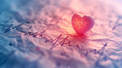 A conceptual image highlighting heart health with a 3D heart model over an electrocardiogram (ECG) tracing with glowing elements. - obrazy, fototapety, plakaty