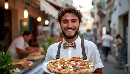 Junger Mann mit Fliege serviert eine Pizza, Bedienung - obrazy, fototapety, plakaty