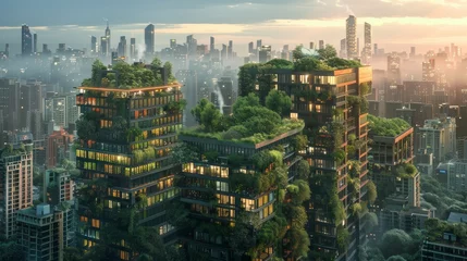 Deurstickers These urban residential towers are adorned with vertical gardens, integrating lush greenery into the cityscape and enhancing the skyline with sustainable living concepts. © Rattanathip