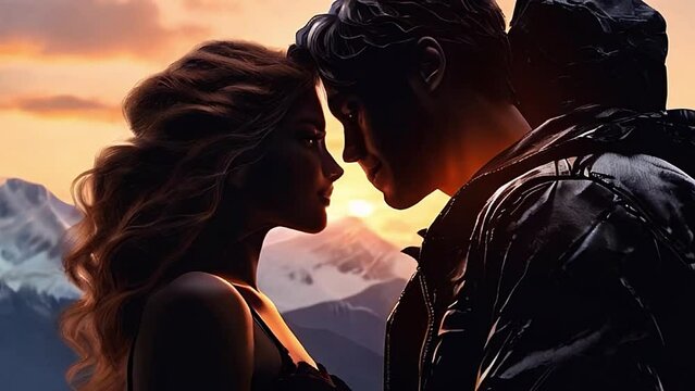 4K video animation of cartoon style Lovers man and girl against background nature and horizon. Concept date Valentine's Day, first kiss and love, forever together.	