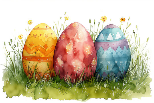 Three painted Easter eggs stand among the grass. Watercolor illustration.