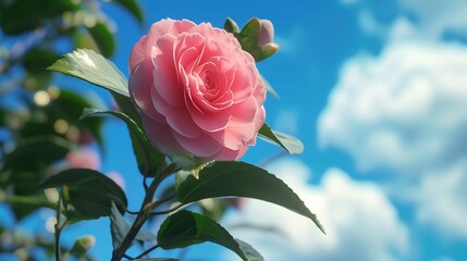 Camellia flower blooming in the garden on blue