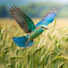 Indian Roller Bird flying over barley crop wings wide open 
