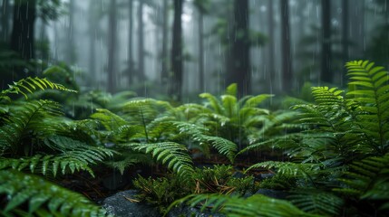 A serene rainforest scene with lush ferns under a gentle rainfall, capturing the essence of tranquility and the freshness of nature