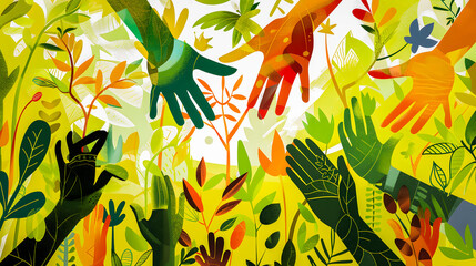 Mains, plantes et fleurs, illustration de tous ensemble pour l'environnement - obrazy, fototapety, plakaty