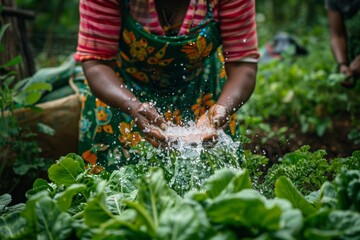 Woman washing hands with water over fresh garden vegetables. Sustainable living and organic farming concept. Design for agriculture, healthy lifestyle, and farm-to-table initiatives