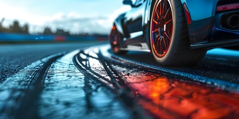 Race Cars Speeding on Asphalt Track, Leaving Tire Marks. Concept Race Cars, Speed, Asphalt Track, Tire Marks, Fast-paced Racing - obrazy, fototapety, plakaty