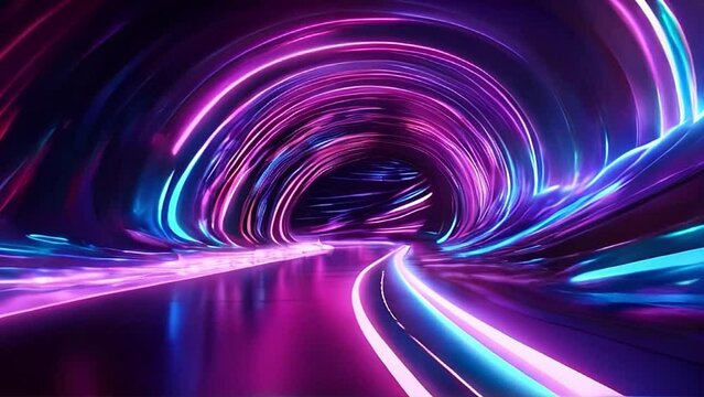Ai generated 4K video of neon background, tunnel turning, ultraviolet rays, glowing lines, virtual reality, speed of light, space and time strings, and highway night lights. animation