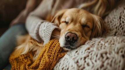 Sleeping golden retriever cuddled in cozy blankets. Pet relaxation and comfort concept. Design for pet care, animal wellbeing, and cozy home lifestyle. Close-up with warm textures and soft focus