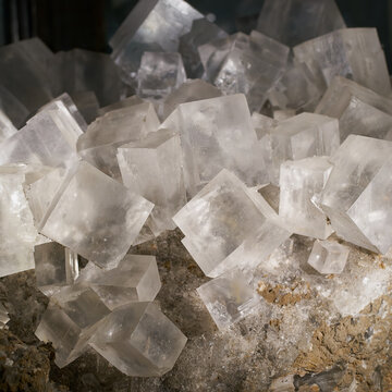 würfelförmige Kristalle des Minerals Halit in einer Mineraliensammlung
