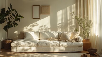 Minimalist living room with comfortable sofa and natural light. Modern home interior design concept. Design for real estate staging, architecture magazines, and cozy lifestyle. 