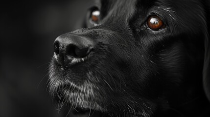 Close-up of a black dog with soulful brown eyes. Pet photography and animal emotion concept. Design for pet care, the beauty of animals, and canine portraits. Detailed shot with a focus on the eyes