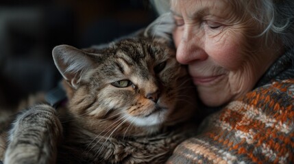 Elderly woman embracing her tabby cat with affection. Intergenerational companionship and pet bonding concept. Design for senior care, animal therapy, and loving pet ownership.