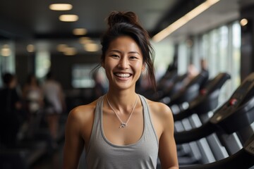 An Asian woman standing confidently next to a row of functional treadmills in a fitness center. - obrazy, fototapety, plakaty