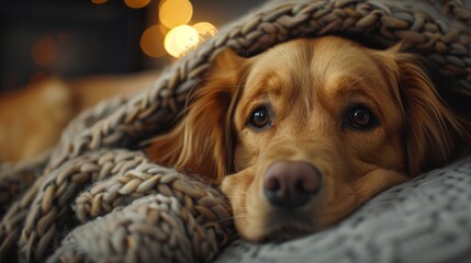 Cozy golden retriever wrapped in a chunky knit blanket. Comfort and warmth concept. Design for pet care, winter comfort, and home lifestyle.