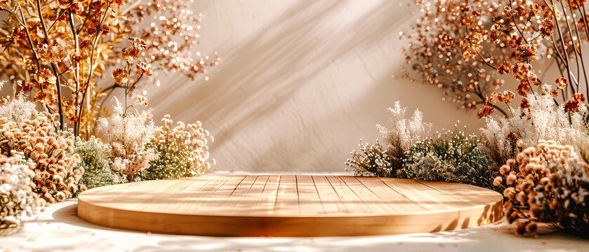 Pr&eacute;sentoir en bois avec fleurs pour produit