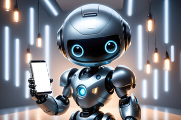 3D realistic cute robot demonstrates the smartphone screen to the camera. Phone mockup and placeholder are ready and easy to use. 