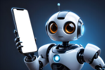3D realistic cute robot demonstrates the smartphone screen to the camera. Phone mockup and placeholder are ready and easy to use. 