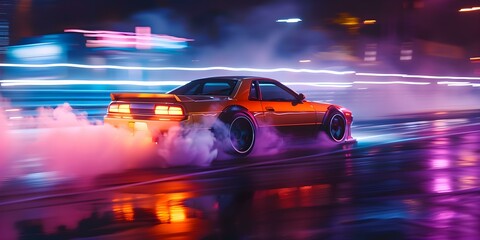 Neon smoke envelops drift wheels on cars in a nighttime race. Concept Race cars, Neon lights, Smoke effects, Nighttime event, Drift wheels