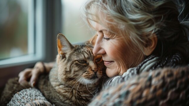 Senior woman enjoying a heartfelt moment with her tabby cat. Close-up of a tender and affectionate inter-species relationship. Ideal imagery for content on pet companionship for the elderly