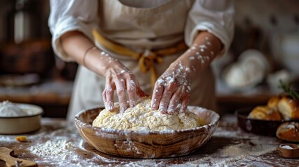 Hands kneading dough in wooden bowl on kitchen table with flour. Close-up baking preparation. Homemade pastry and bread making concept. Design for culinary workshop poster, cooking class advertisement