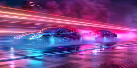 Vibrant neon smoke trails behind drifting cars with sleek wheels outdoors. Concept Racing Cars, Neon Smoke Trails, Outdoor Scenery - obrazy, fototapety, plakaty