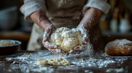 Hands holding and shaping dough with flour flying in the air. Close-up baking process. Artisan bread making and bakery concept. Design for cooking class poster, culinary guide cover