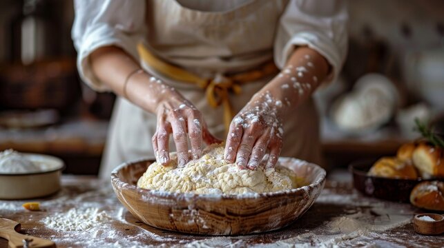 Hands kneading dough in wooden bowl on kitchen table with flour. Close-up baking preparation. Homemade pastry and bread making concept. Design for culinary workshop poster, cooking class advertisement