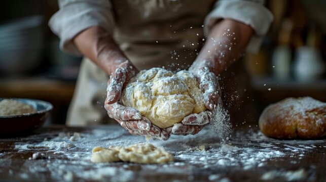 Hands holding and shaping dough with flour flying in the air. Close-up baking process. Artisan bread making and bakery concept. Design for cooking class poster, culinary guide cover