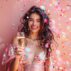 Obraz na płótnie Canvas A happy woman celebrates with champagne, exuding joy and elegance in trendy attire, as confetti falls around her against a soft pink backdrop.