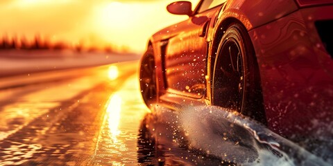 Dramatic car skidding in a drift under an orange sunset sky. Concept Car Drifting, Sunset Sky, Dramatic Scene, Action Photography