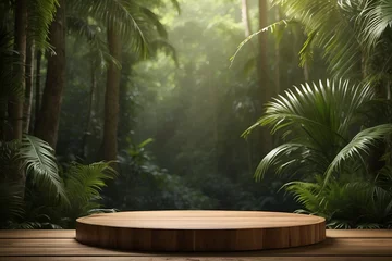 Poster product presentation  background. Wooden podium in tropical forest   © Visal