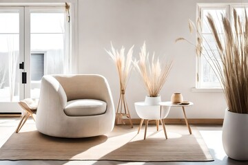 living room interior, A plush and inviting armchair sits gracefully in the corner of an empty room, bathed in the soft morning light filtering through the windows