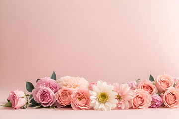 flowers on light pink background. Greeting card template for Wedding, mothers or womans day. 