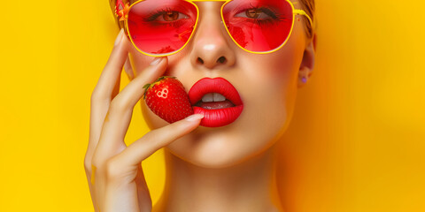 Sexy woman wears red glamorous sunglasses and eats strawberries on a bright yellow background. Bright manicure and lipstick.