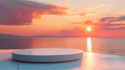 Round Stone Podium in fuchsia Colors in front of a blurred Seascape. Luxury Backdrop for Product Presentation