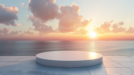 Round Stone Podium in fuchsia Colors in front of a blurred Seascape. Luxury Backdrop for Product Presentation - obrazy, fototapety, plakaty