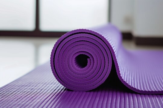 purple mat for yoga, pilates or fitness on a wooden background. Place for text.