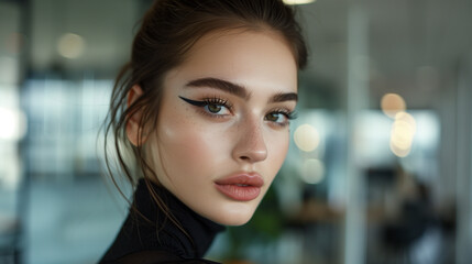 Close-Up of a Woman with Glamorous Makeup in Softly Lit Ambiance