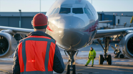 A male mechanic in a uniform checks the plane before departure