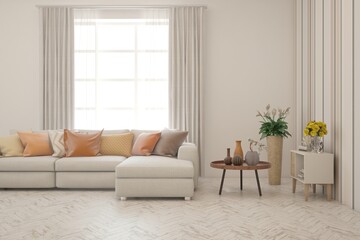 White living room with sofa. Scandinavian interior design. 3D illustration