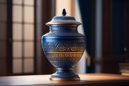 Cremation Urn for Ashes isolated in home luxury interior. urn funeral ashes