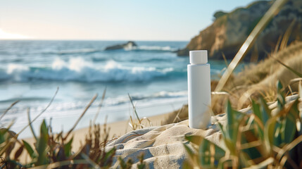 Durable White Sunscreen Bottle on Sandy Beach  - obrazy, fototapety, plakaty