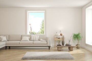 Contemporary classic white interior with furniture and decor and summer landscape in window. Scandinavian interior design. 3D illustration