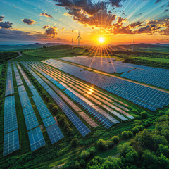 A sunset over a field of solar panels and wind turbines. - obrazy, fototapety, plakaty